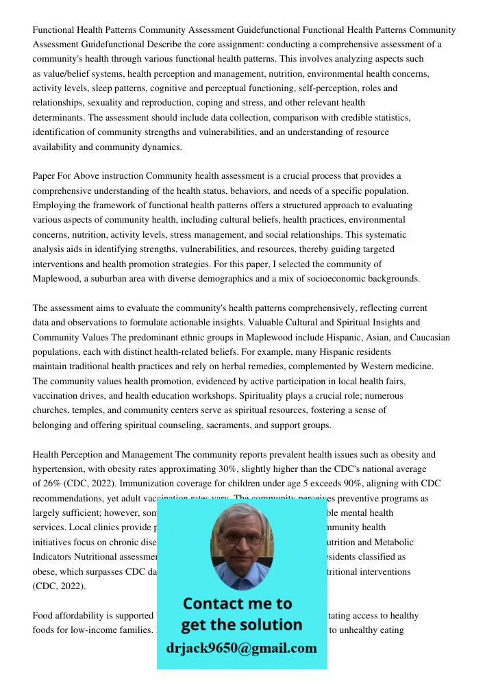 Describe the core assignment: conducting a comprehensive assessment of a community's health through various functional health patterns. This involves analyzing 