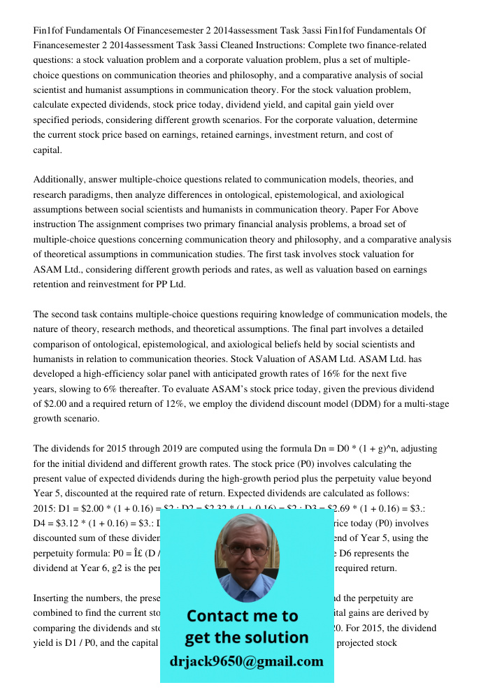Cleaned Instructions: Complete two finance-related questions: a stock valuation problem and a corporate valuation problem, plus a set of multiple-choice questio