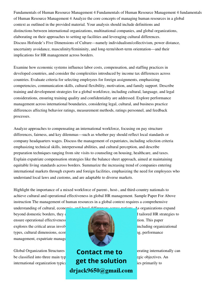 Fundamentals of Human Resource Management 4 Analyze the core concepts of managing human resources in a global context as outlined in the provided material. Your