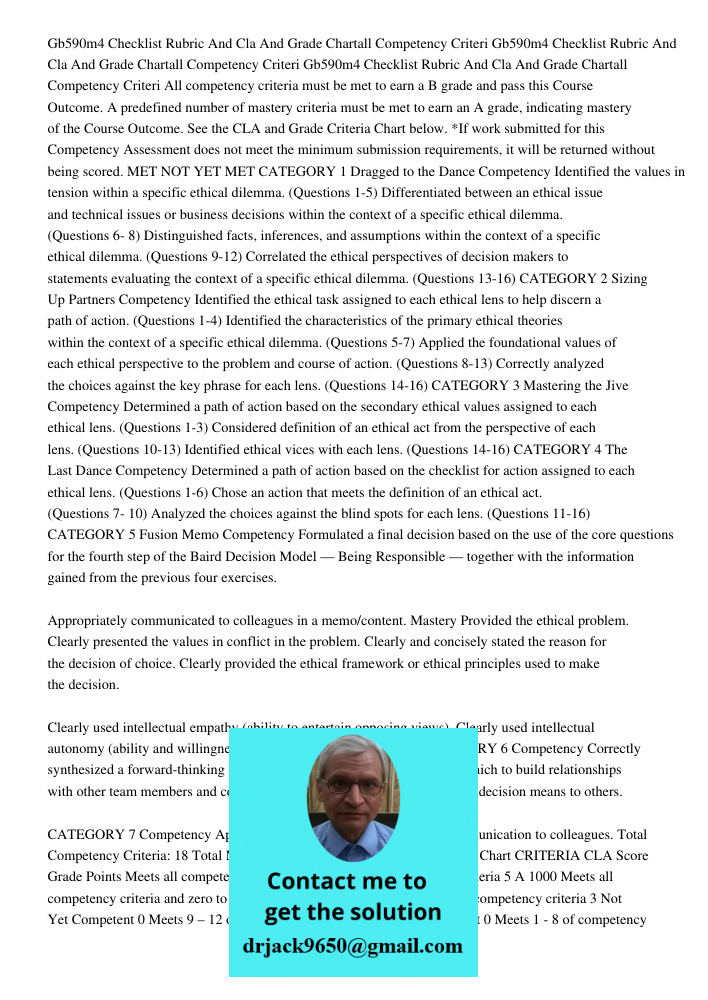 Gb590m4 Checklist Rubric And Cla And Grade Chartall Competency Criteri All competency criteria must be met to earn a B grade and pass this Course Outcome. A pre
