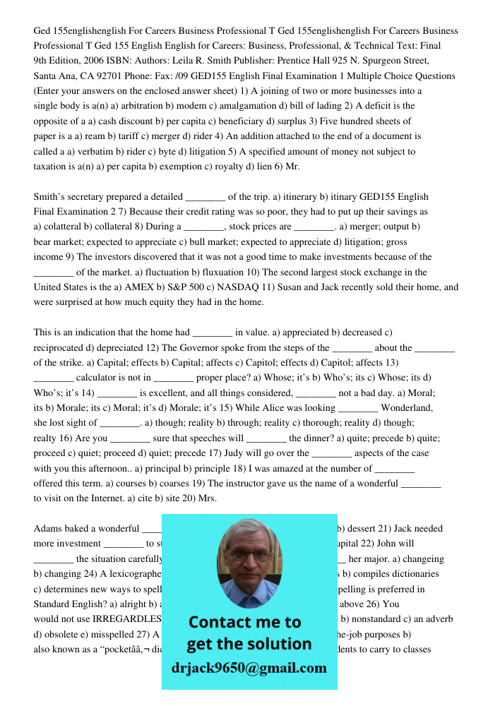 Ged 155 English English for Careers: Business, Professional, & Technical Text: Final 9th Edition, 2006 ISBN: Authors: Leila R. Smith Publisher: Prentice Hall 92