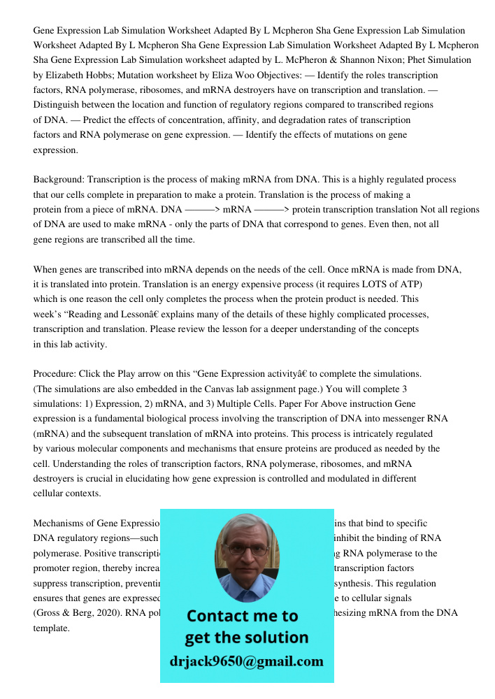 Gene Expression Lab Simulation Worksheet Adapted By L Mcpheron Sha Gene Expression Lab Simulation worksheet adapted by L. McPheron & Shannon Nixon; Phet Simulat