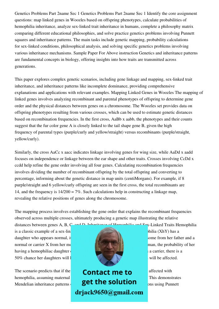 Identify the core assignment questions: map linked genes in Woozles based on offspring phenotypes, calculate probabilities of hemophilia inheritance, analyze se