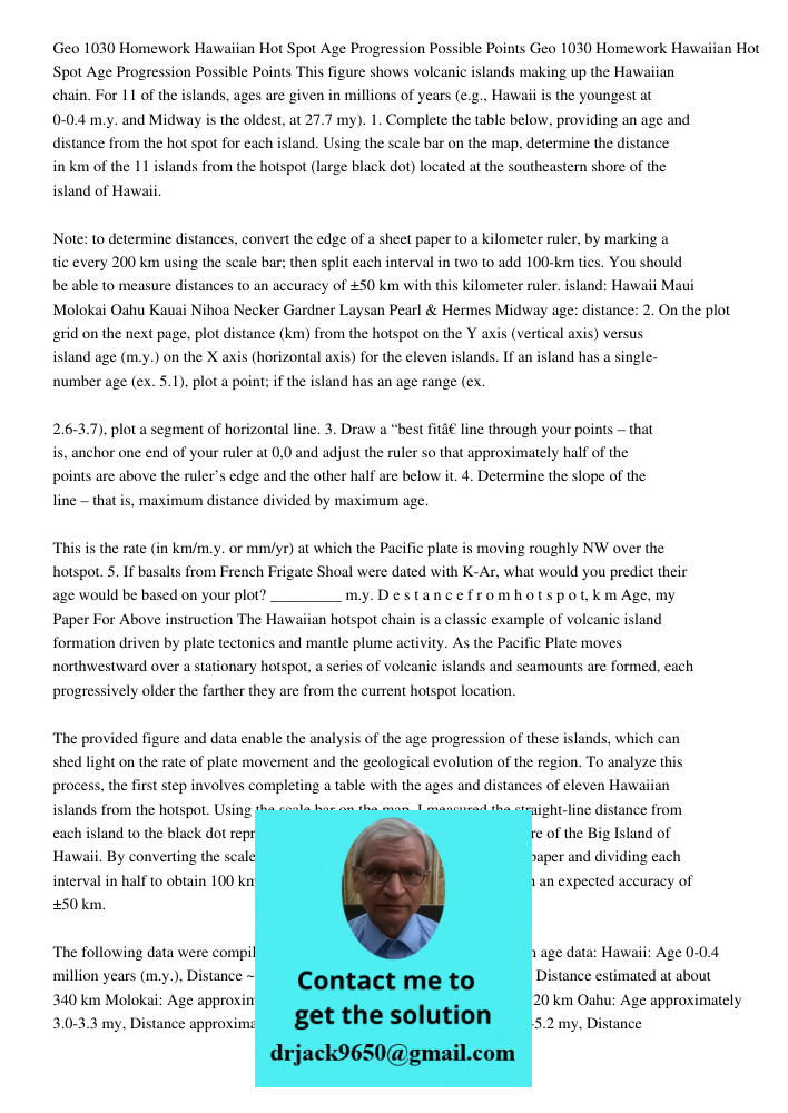 This figure shows volcanic islands making up the Hawaiian chain. For 11 of the islands, ages are given in millions of years (e.g., Hawaii is the youngest at 0-0