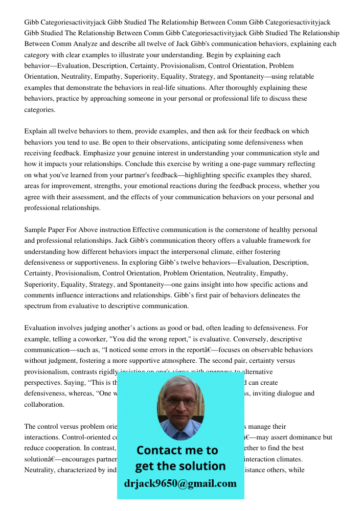 Gibb Categoriesactivityjack Gibb Studied The Relationship Between Comm Analyze and describe all twelve of Jack Gibb's communication behaviors, explaining each c