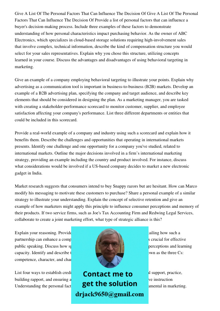 Provide a list of personal factors that can influence a buyer's decision-making process. Include three examples of these factors to demonstrate understanding of