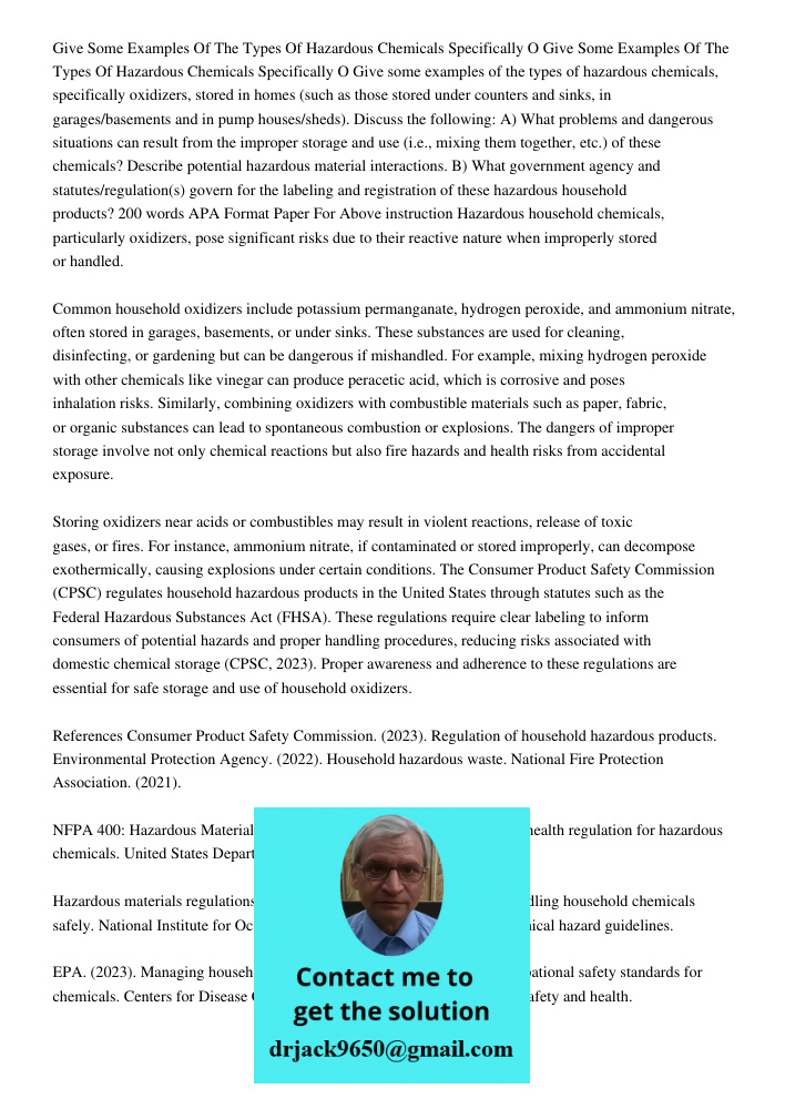 Give some examples of the types of hazardous chemicals, specifically oxidizers, stored in homes (such as those stored under counters and sinks, in garages/basem