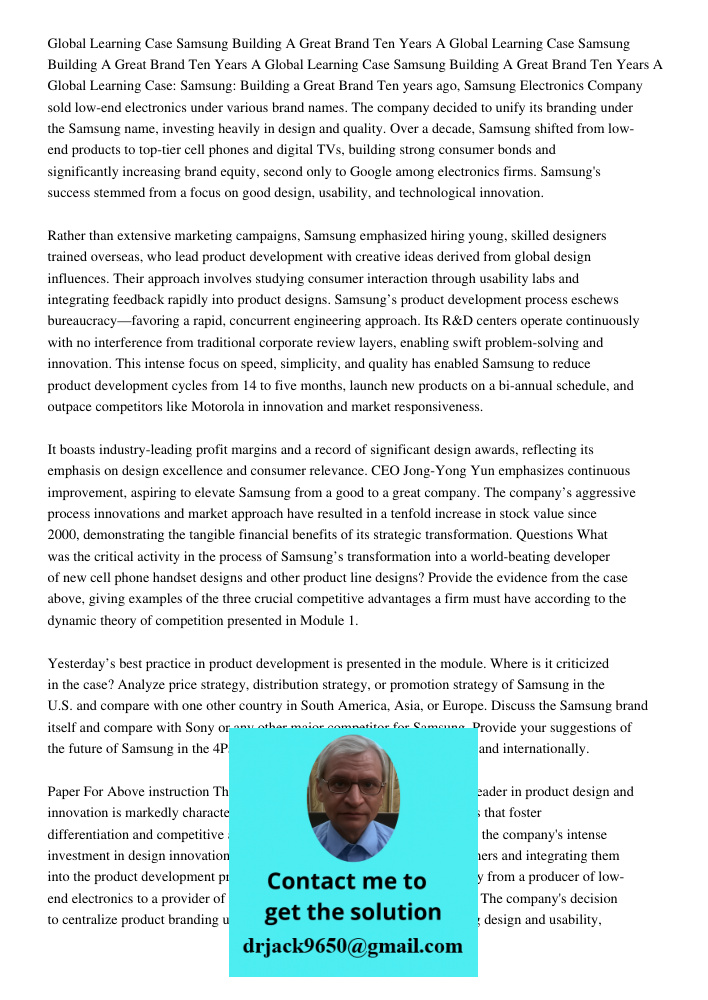 Global Learning Case Samsung Building A Great Brand Ten Years A Global Learning Case: Samsung: Building a Great Brand Ten years ago, Samsung Electronics Company