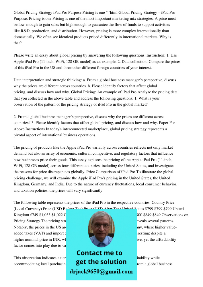 Global Pricing Strategy – IPad Pro: Purpose Of Pricing