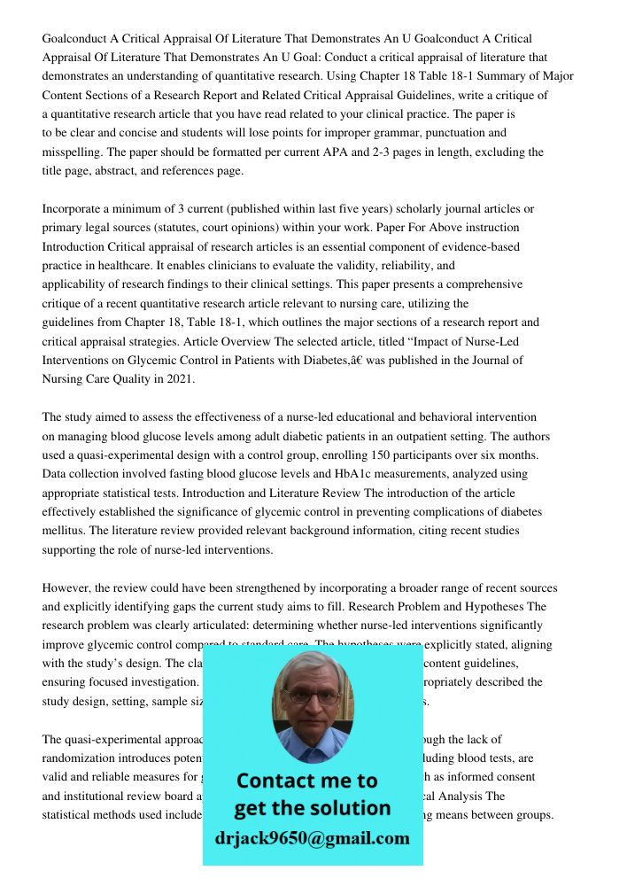 Goal: Conduct a critical appraisal of literature that demonstrates an understanding of quantitative research. Using Chapter 18 Table 18-1 Summary of Major Conte