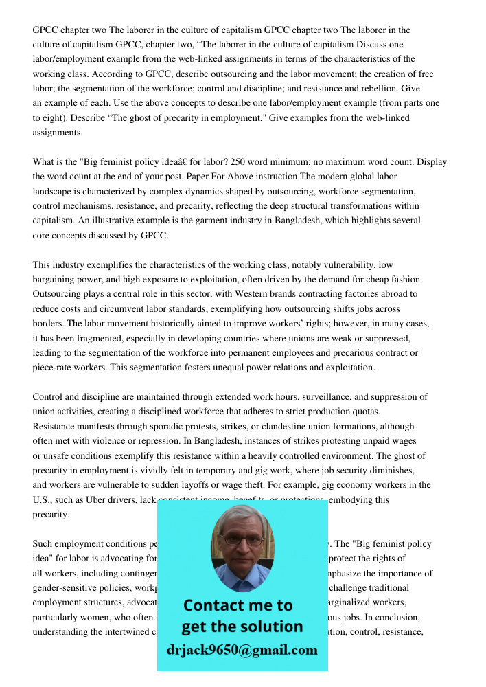 GPCC chapter two The laborer in the culture of capitalism Discuss one labor/employment example from the web-linked assignments in terms of the characteristics o