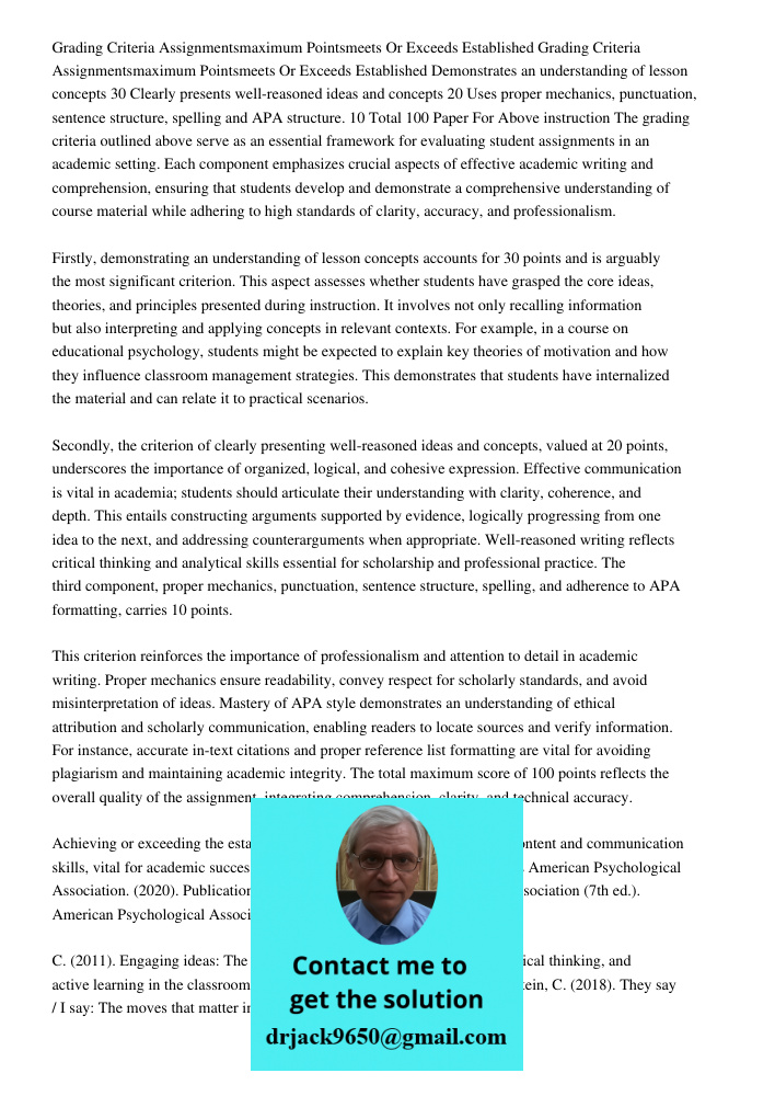 Demonstrates an understanding of lesson concepts 30 Clearly presents well-reasoned ideas and concepts 20 Uses proper mechanics, punctuation, sentence structure,