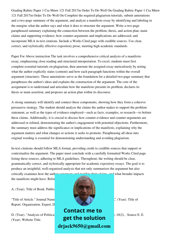 Complete the required plagiarism tutorials, submit annotations and a two-page summary of the argument, and analyze a manifesto essay by identifying and labeling