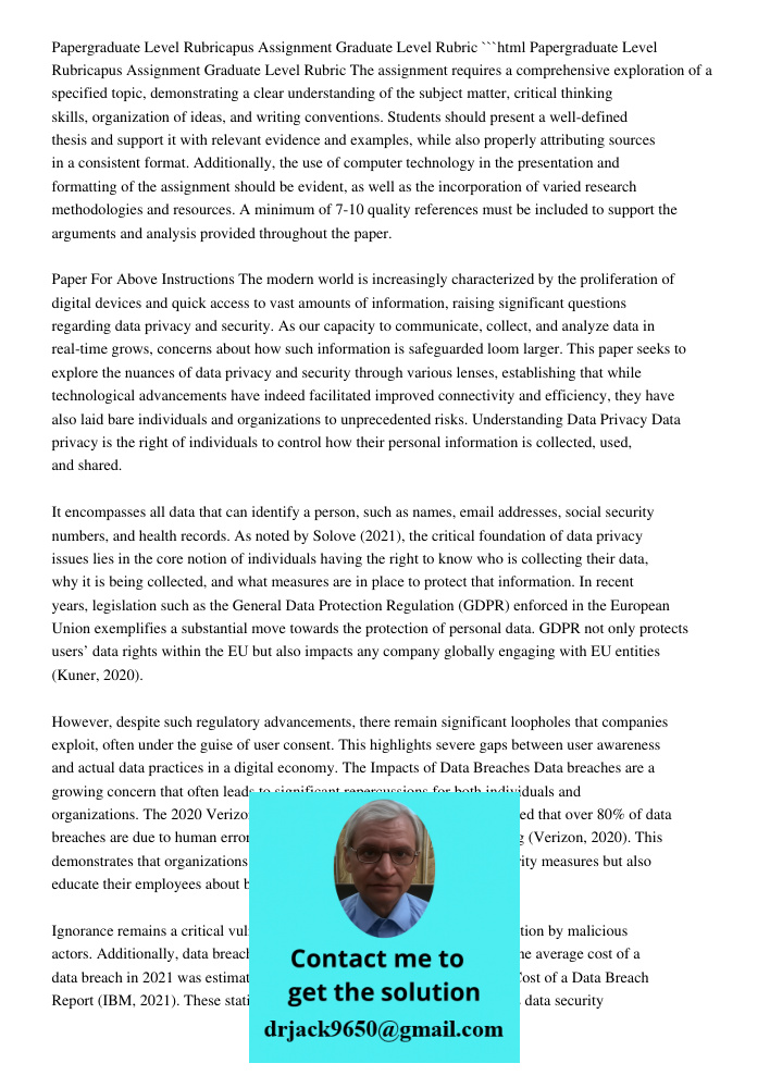 Graduate Level Rubric For Paper Assignment