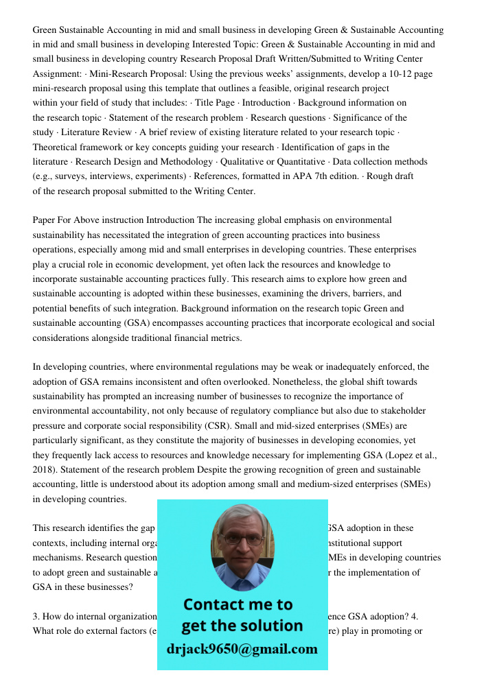 Interested Topic: Green & Sustainable Accounting in mid and small business in developing country Research Proposal Draft Written/Submitted to Writing Center Ass