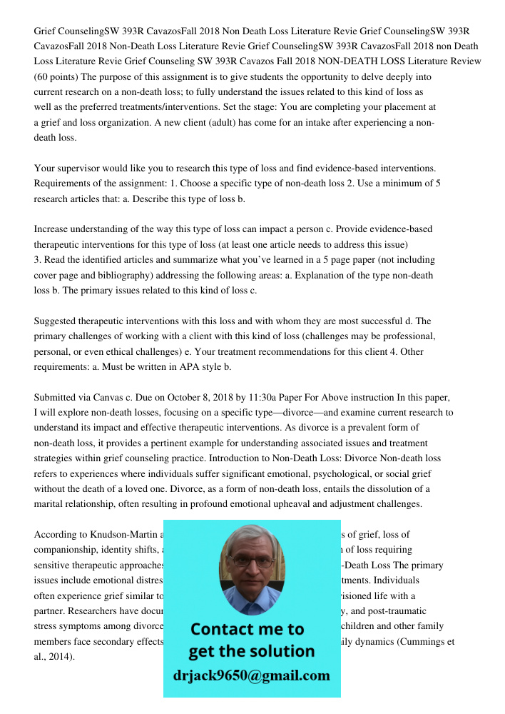 Grief CounselingSW 393R CavazosFall 2018 non Death Loss Literature Revie Grief Counseling SW 393R Cavazos Fall 2018 NON-DEATH LOSS Literature Review (60 points)
