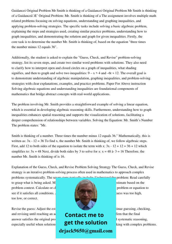Guidancei Original Problem Mr Smith is thinking of a The assignment involves multiple math related problems focusing on solving equations, understanding and gra