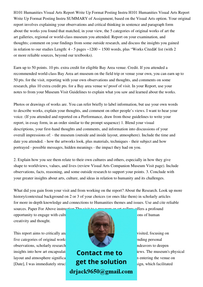 SUMMARY of Assignment, based on the Visual Arts option. Your original report involves explaining your observations and critical thinking in sentence and paragra