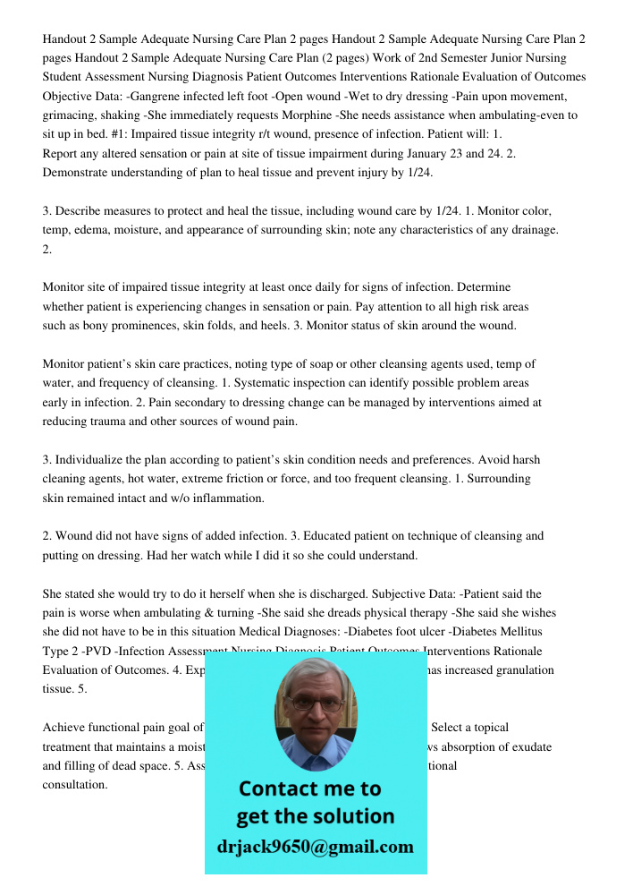 Handout 2 Sample Adequate Nursing Care Plan (2 pages) Work of 2nd Semester Junior Nursing Student Assessment Nursing Diagnosis Patient Outcomes Interventions Ra