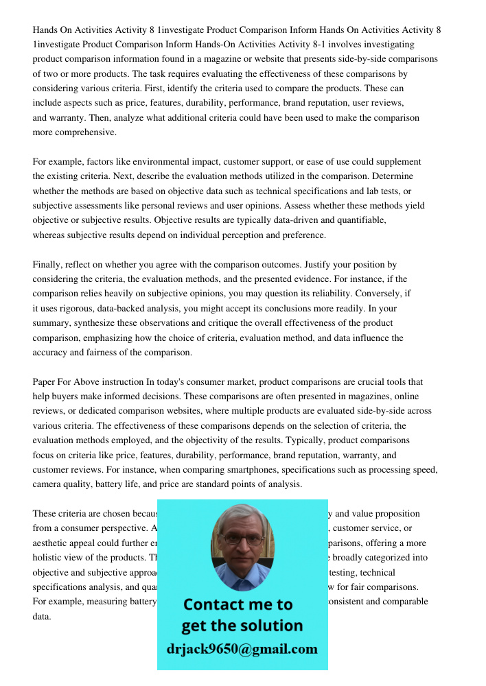 Hands-On Activities Activity 8-1 involves investigating product comparison information found in a magazine or website that presents side-by-side comparisons of 