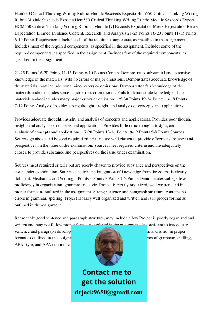 Hcm550 Critical Thinking Writing Rubric Module 9exceeds Expecta HCM550 Critical Thinking Writing Rubric - Module [9] Exceeds Expectation Meets Expectation Below