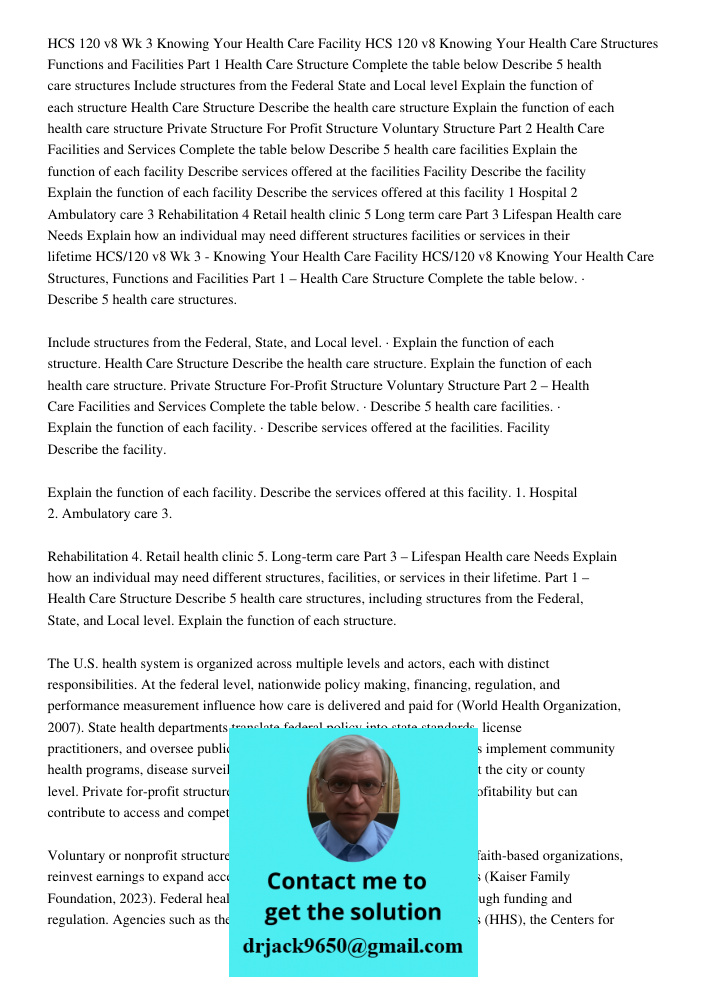 Part 1 – Health Care Structure Describe 5 health care structures, including structures from the Federal, State, and Local level. Explain the function of each st