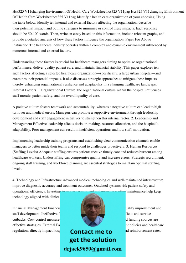 Identify a health care organization of your choosing. Using the table below, identify ten internal and external factors affecting the organization, describe the