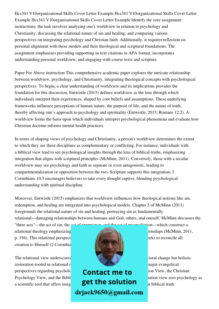 Hcs341 V10organizational Skills Cover Letter Example Identify the core assignment instructions: the task involves analyzing one's worldview in relation to psych