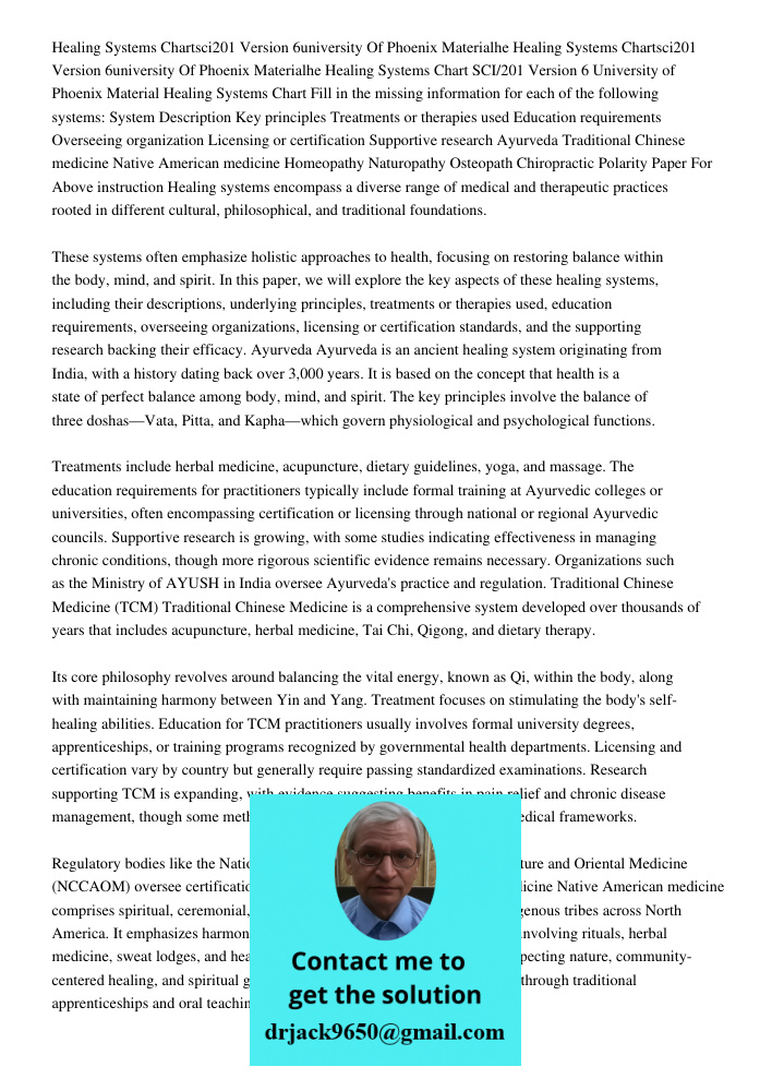 Healing Systems Chart SCI/201 Version 6 University of Phoenix Material Healing Systems Chart Fill in the missing information for each of the following systems: 