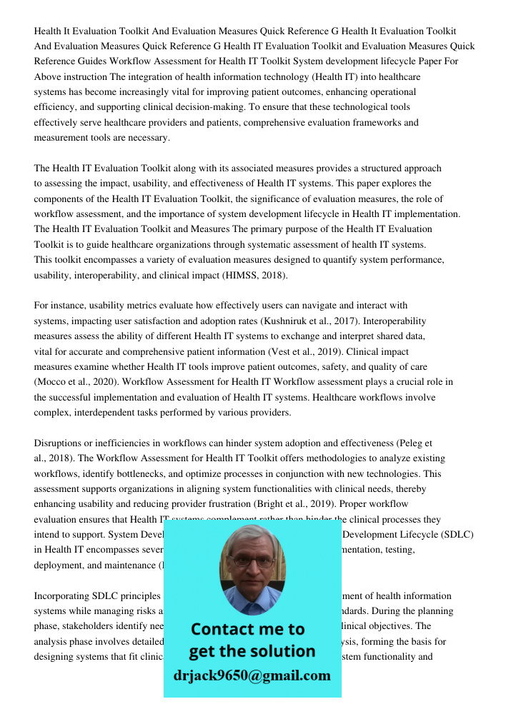 Health IT Evaluation Toolkit and Evaluation Measures Quick Reference Guides Workflow Assessment for Health IT Toolkit System development lifecycle Paper For Abo