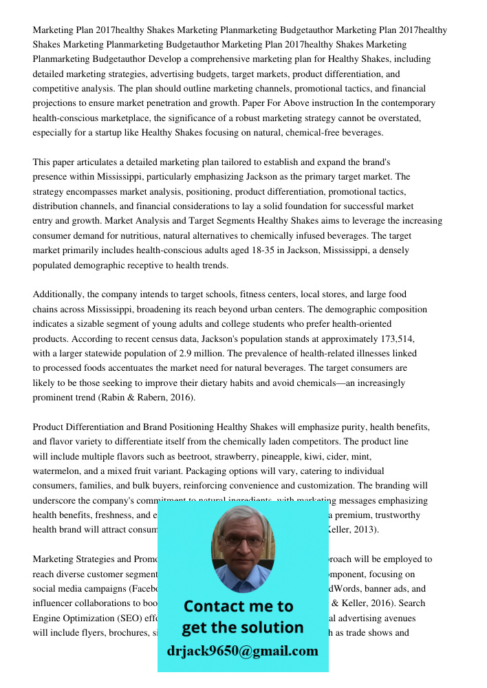 Marketing Plan 2017healthy Shakes Marketing Planmarketing Budgetauthor Develop a comprehensive marketing plan for Healthy Shakes, including detailed marketing s