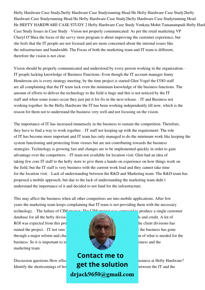 Hefty Hardware Case Study2hefty Hardware Case Studyrunning Head He HEFTY HARDWARE CASE STUDY 2 Hefty Hardware Case Study Venkata Mohit Tamanampudi Hefty Hardwar