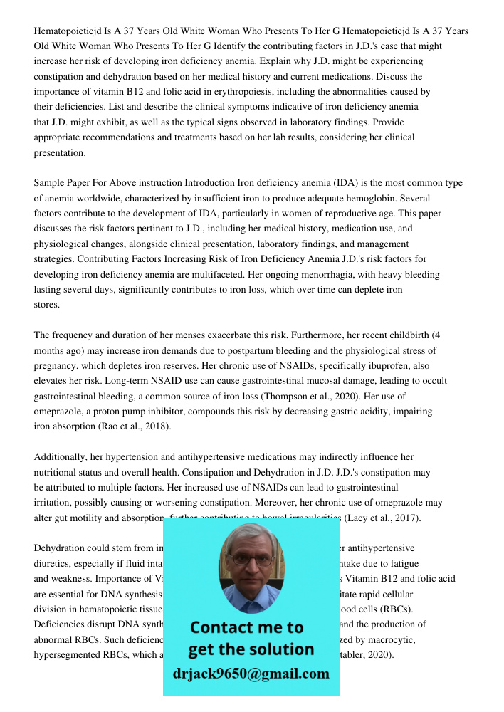 Identify the contributing factors in J.D.'s case that might increase her risk of developing iron deficiency anemia. Explain why J.D. might be experiencing const