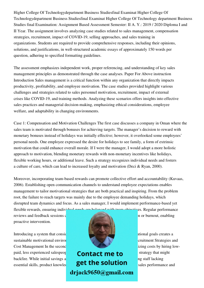 Higher College Of Technology department Business Studies final Examination: Assignment Based Assessment Semester: II A. Y.: 2019 / 2020 Diploma I and II Year. T