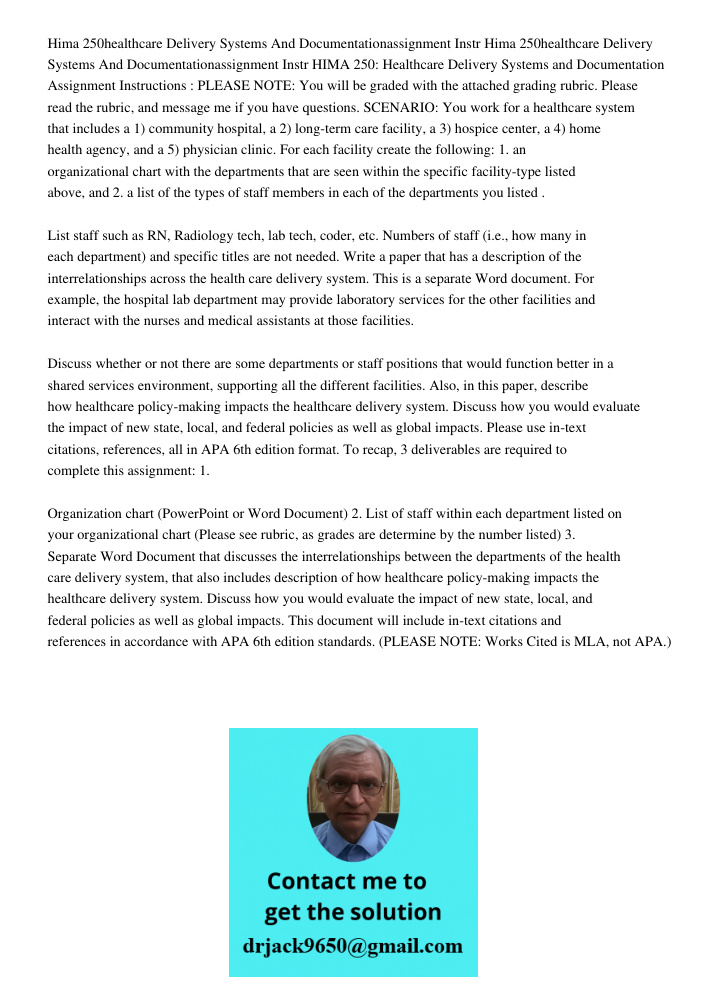 HIMA 250: Healthcare Delivery Systems and Documentation Assignment Instructions : PLEASE NOTE: You will be graded with the attached grading rubric. Please read 