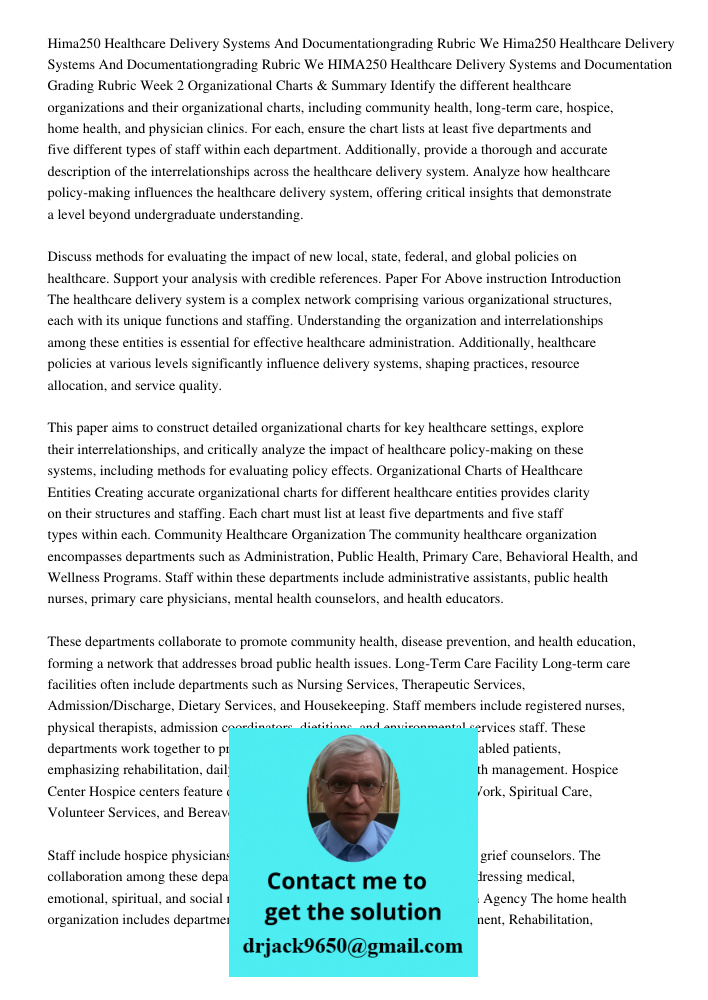 HIMA250 Healthcare Delivery Systems and Documentation Grading Rubric Week 2 Organizational Charts & Summary Identify the different healthcare organizations and 