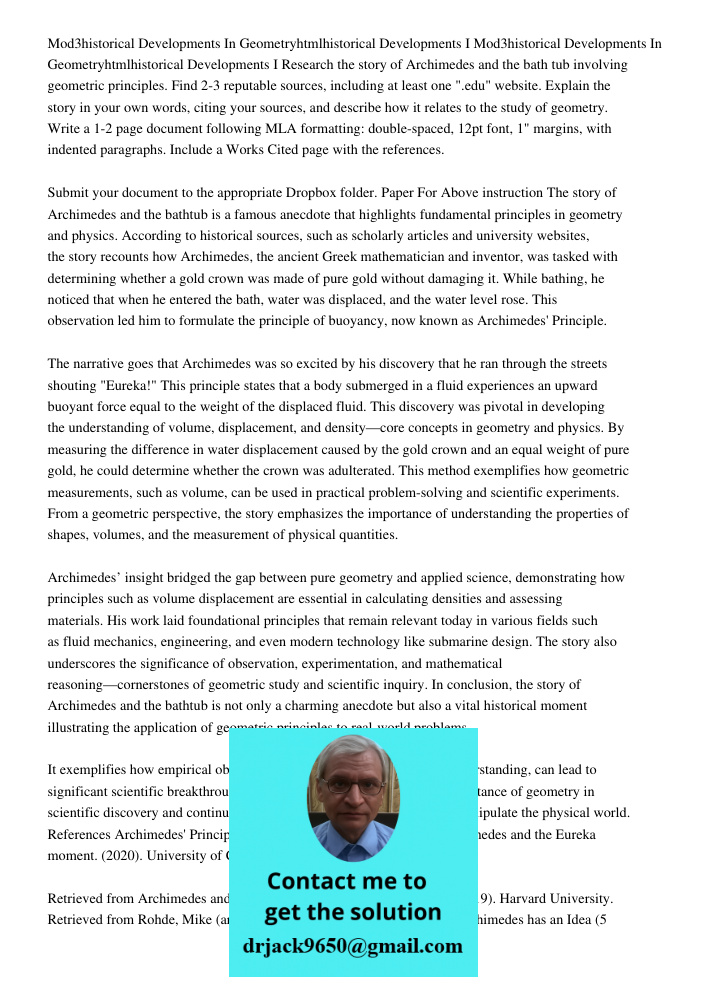 Research the story of Archimedes and the bath tub involving geometric principles. Find 2-3 reputable sources, including at least one ".edu" website. Explain the