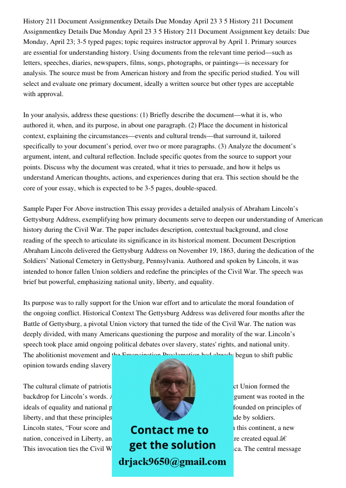 History 211 Document Assignment key details: Due Monday, April 23; 3-5 typed pages; topic requires instructor approval by April 1. Primary sources are essential