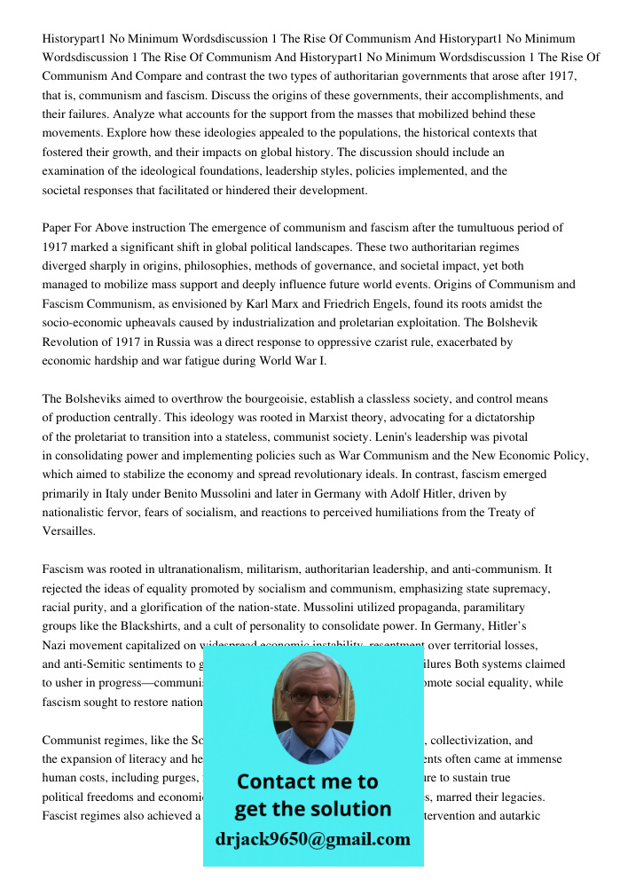 Historypart1 No Minimum Wordsdiscussion 1 The Rise Of Communism And Compare and contrast the two types of authoritarian governments that arose after 1917, that 