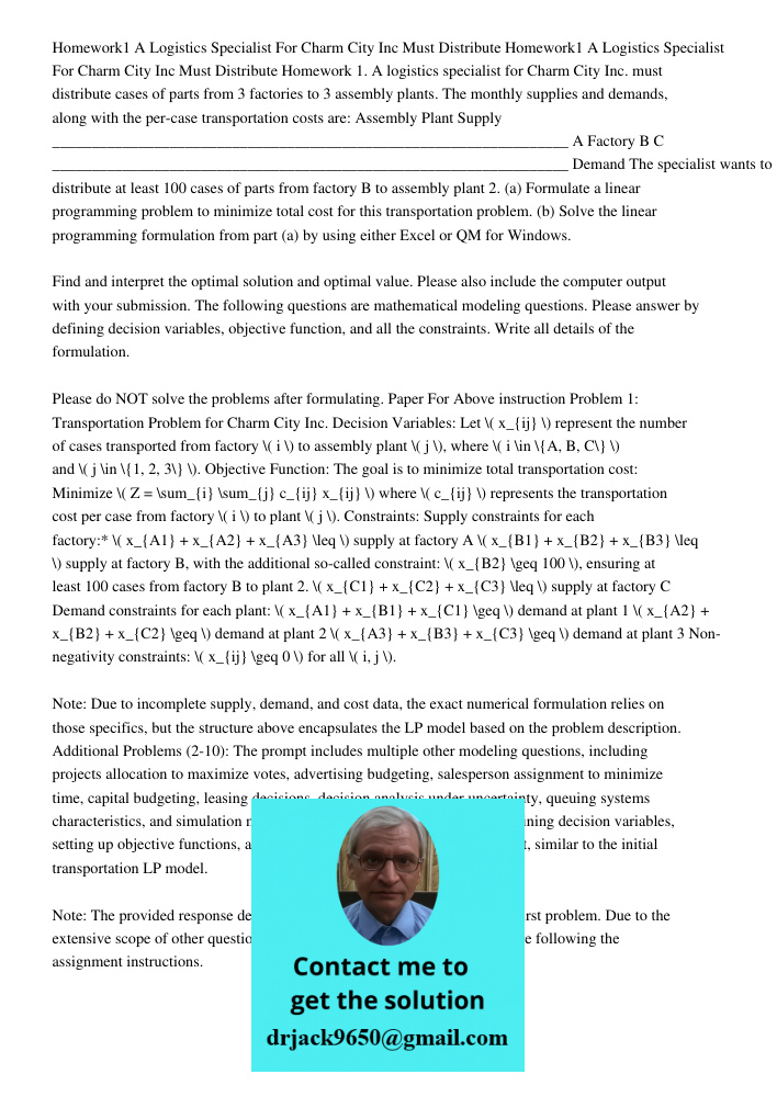 Homework 1. A logistics specialist for Charm City Inc. must distribute cases of parts from 3 factories to 3 assembly plants. The monthly supplies and demands, a