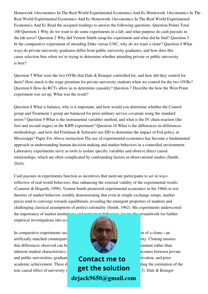 Homework 14economics In The Real World Experimental Economics And Ec Read the assigned readings to answer the following questions. Question Points Total 100 Que