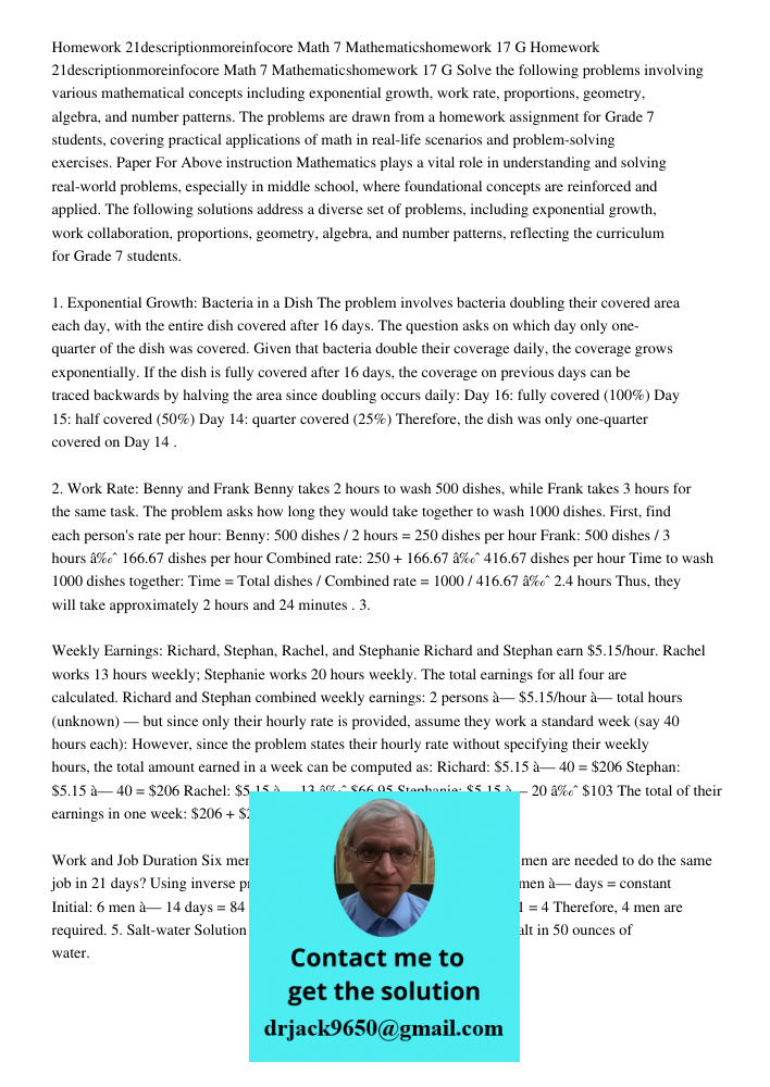 Solve the following problems involving various mathematical concepts including exponential growth, work rate, proportions, geometry, algebra, and number pattern