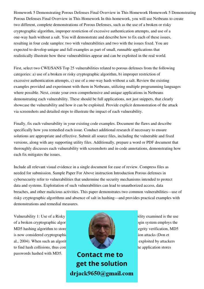 In this homework, you will use Netbeans to create two different, complete demonstrations of Porous Defenses, such as the use of a broken or risky cryptographic 