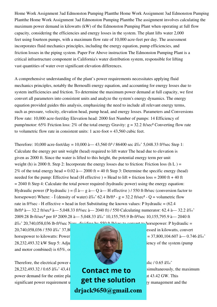 Home Work Assignment 3ad Edmonston Pumping Plantthe The assignment involves calculating the maximum power demand in kilowatts (kW) of the Edmonston Pumping Plan