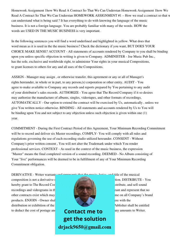 HOMEWORK ASSIGNMENT #1 – How we read a contract so that we can understand what is being said ? It has everything to do with knowing the language of the music bu