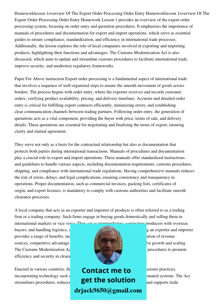 Homework Lesson 1 provides an overview of the export order processing system, focusing on order entry and quotation procedures. It emphasizes the importance of 