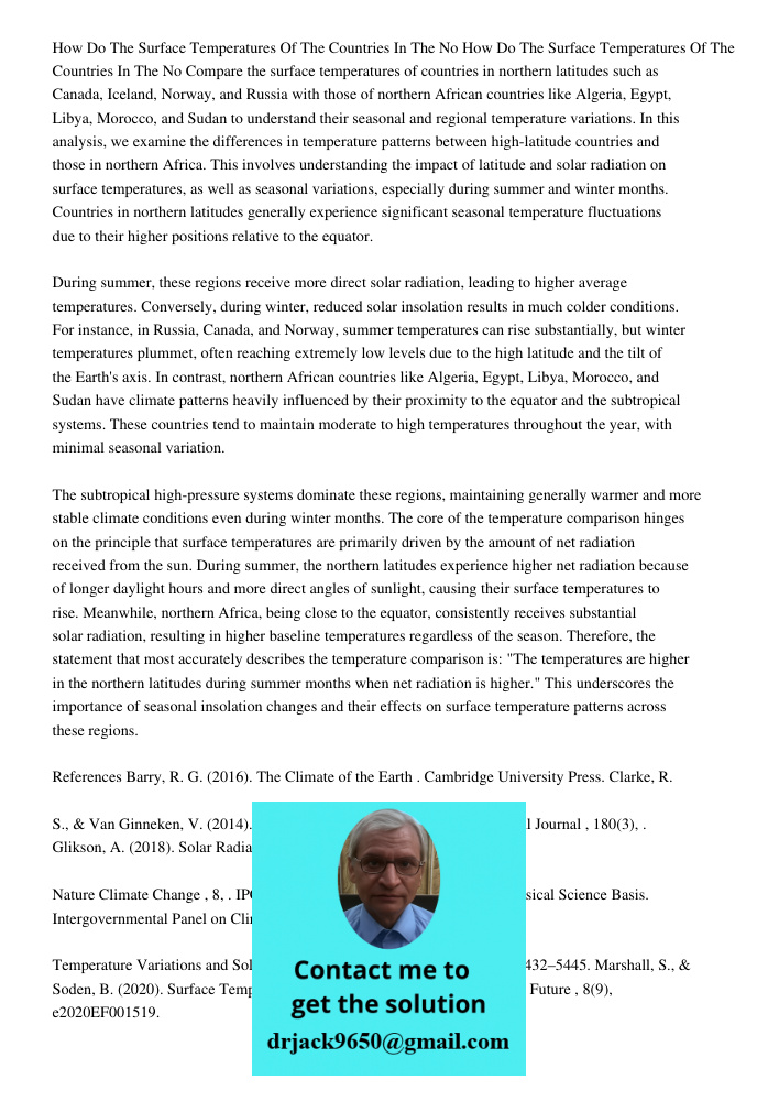 Compare the surface temperatures of countries in northern latitudes such as Canada, Iceland, Norway, and Russia with those of northern African countries like Al