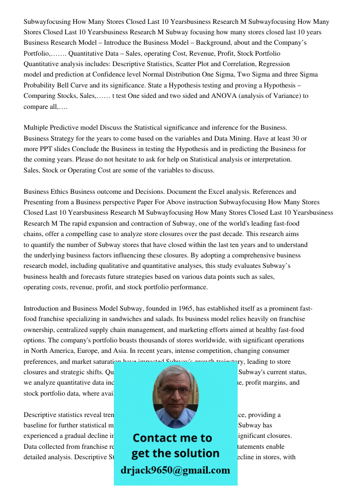 Subway focusing how many stores closed last 10 years Business Research Model – Introduce the Business Model – Background, about and the Company’s Portfolio,……. 