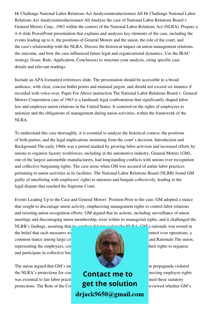 Analyze the case of National Labor Relations Board v. General Motors Corp., 1963 within the context of the National Labor Relations Act (NLRA). Prepare a 4–6 sl