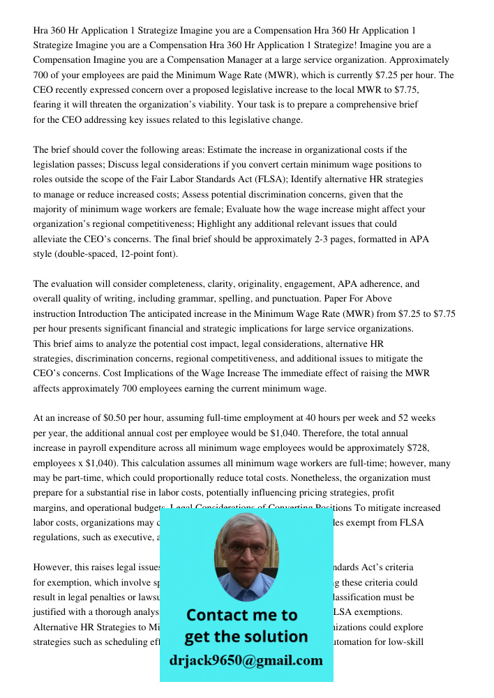 Hra 360 Hr Application 1 Strategize Imagine you are a Compensation Imagine you are a Compensation Manager at a large service organization. Approximately 700 of 